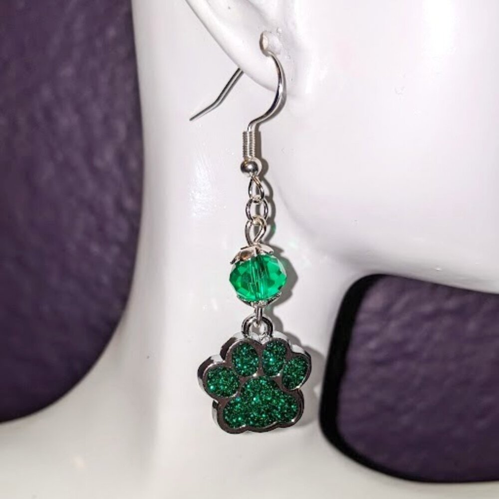 Emerald Green Sparkle Paw Print Earrings (Smooth Facet)